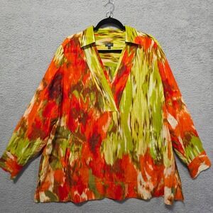 Talbots Abstract Print Split Neck Tunic Orange Lime Green Long Sleeve Popo 18W